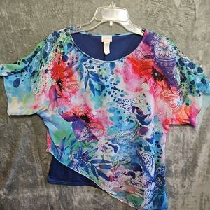 Chico's Sz 0 Small Women's Asymmetrical Top Blue pink Multicolored lined